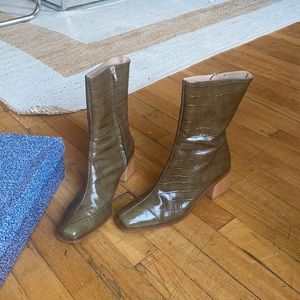 Paloma Wool Emilia Square Toe Olive Green Leather Crocodile Boot